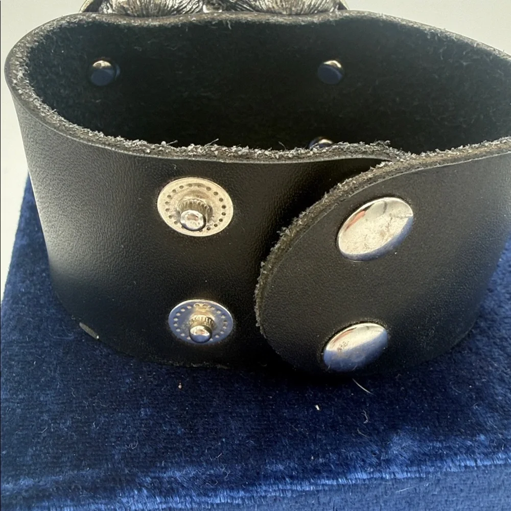 black faux leather statement cuff bracelet w/ centerpiece encrusted w/ crystals
